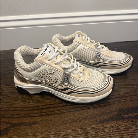 CHANEL Shoes - CHANEL Cream & Beige CC Logo Mesh Leather Sneakers